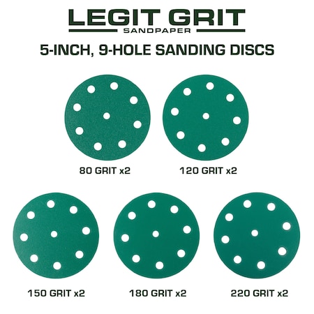 Legit Grit 5 inch Sand paper Disc, 9-Hole, Mixed Grit - Sample, GRITS: 80/120/150/180/220 2 of each, 10PK LG5-9SAMP1-10